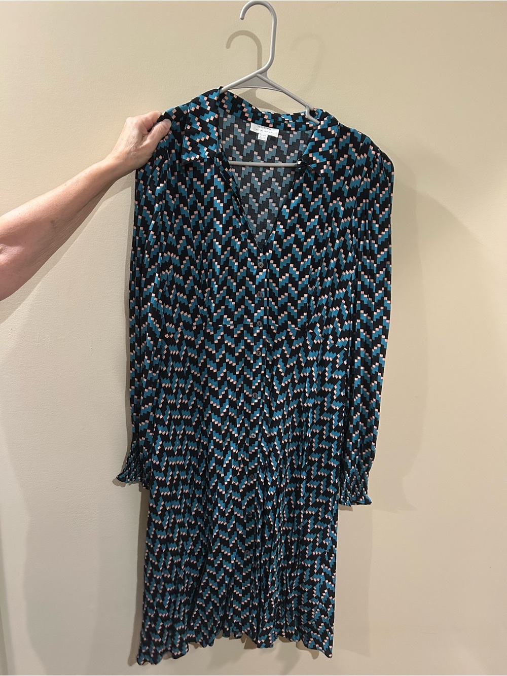 Seraphine Maternity Teal, Black & Cream Geometric Long Sleeve Pleated Dress
